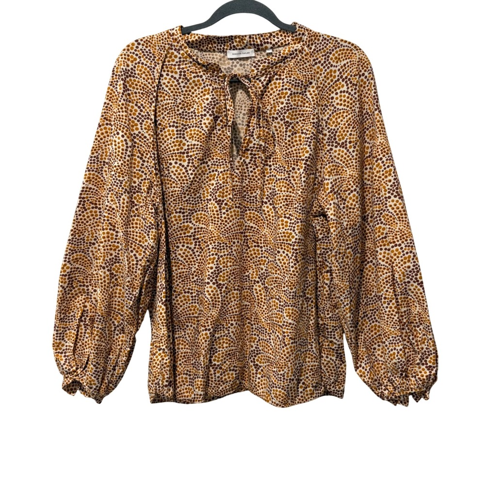 Rebecca Taylor Blouse Womens‎ 16 Brown Yellow Dot Print Tie Neck Top Autumn